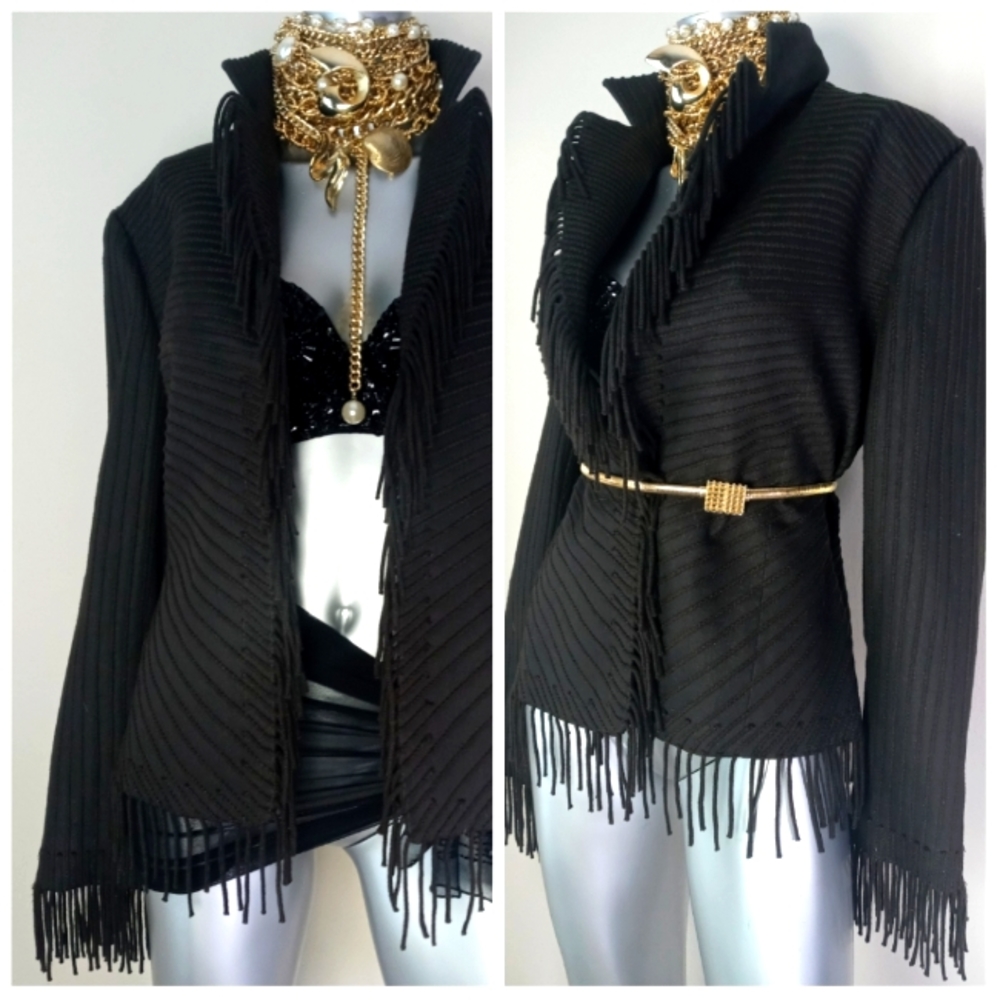 Company Ellen Tracy Open Front Fringe Chocolate Striped Cotton Blend Jacket - Picture 7 of 13